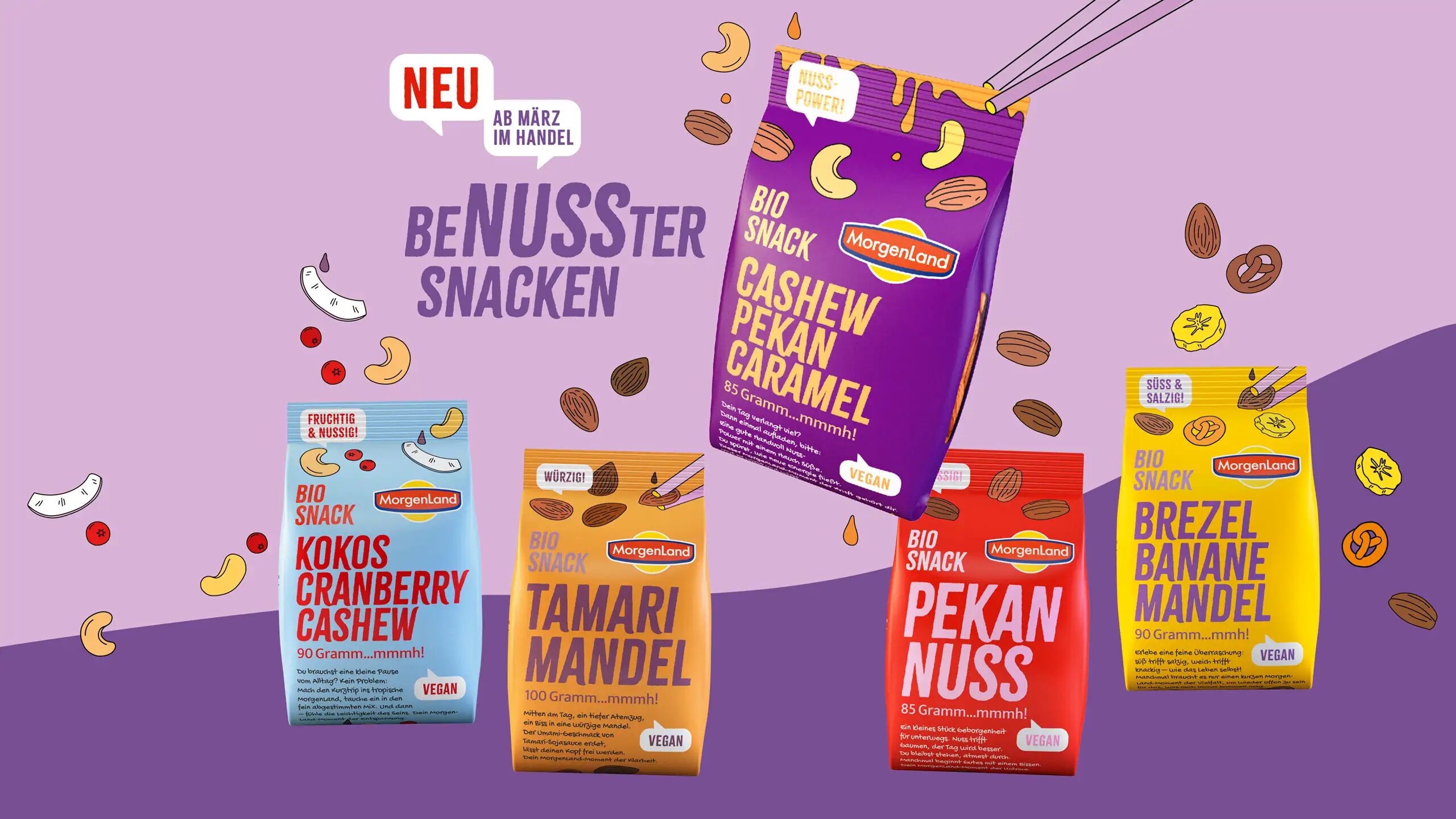 Sortimentsübersicht der MorgenLand Bio-Snacks mit verschiedenen Nuss- und Fruchtmischungen, darunter Cashew-Pekan-Caramel, Kokos-Cranberry-Cashew und Brezel-Banane-Mandel